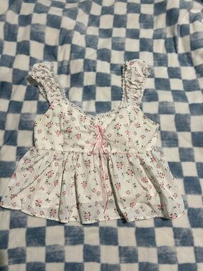 White Pink Floral Ruffle-Strap Tank Top